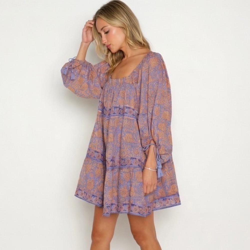 Cleobella Hattie Mini Dress Vine Block Floral Print Boho S Balloon Puff Sleeve - Picture 1 of 10